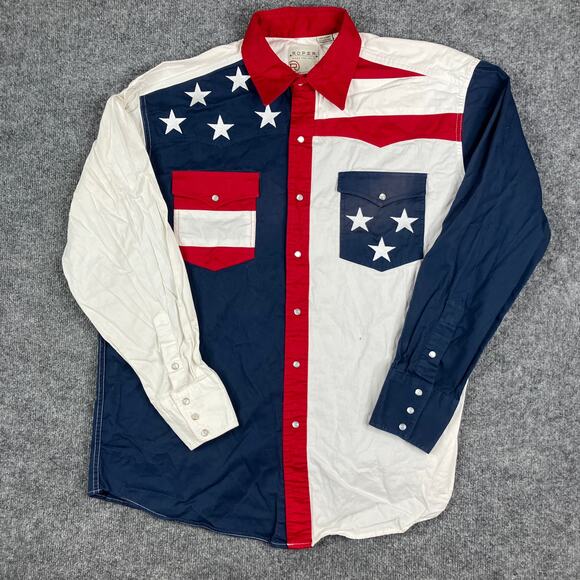 Roper Western Shirt Mens L USA Flag Stars Stripes Pearl Snap Long Sleeve Rodeo - Picture 2 of 9